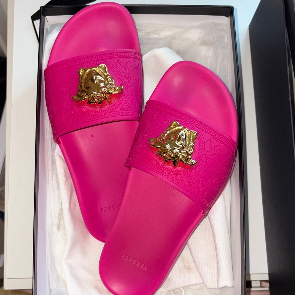 Versace Fuchsia and Gold Slide Sandals